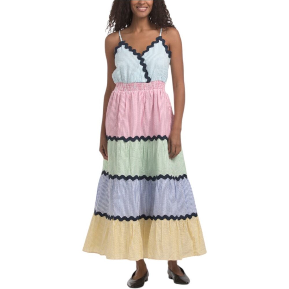 ENGLISH FACTORY Ric Rac Color Block Maxi Tiered Dress - Picture 1 of 6